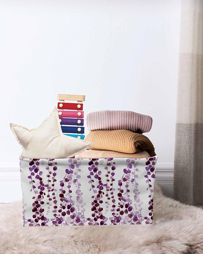 Purple Weeping Eucalyptus Storage Bins Cubes Waterproof Cloth Storage Basket,Spring Summer Farmhouse Leaves Foldable Storage Bags for Shelf Clothes Storages Organizers with Handles 15x11x9.5 in 2PCS