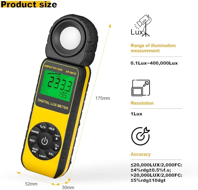 Digital Light Meter,Illuminance Meter Range up to 300,000 Lux Handheld Ambient Temperature 270ºDegree Rotatable Detector/0.4 Second Response