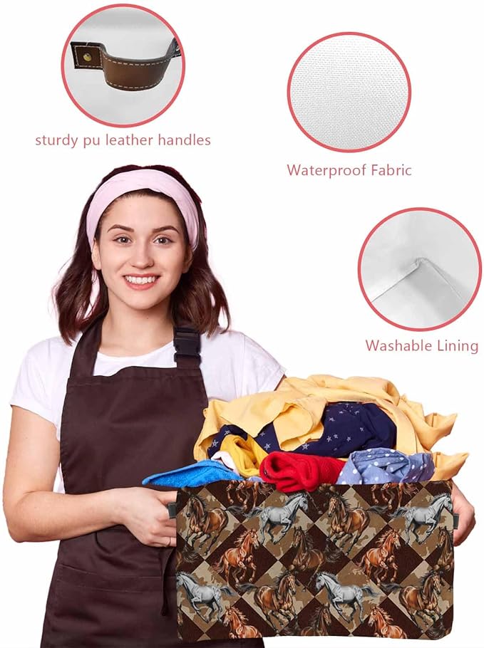 Vintage Gray Brown Horses Storage Bins Cubes Waterproof Cloth Storage Basket,Farmhouse Plaid Country Animals Foldable Storage Bags for Shelf Clothes Storages Organizers with Handles 15x11x9.5 in 2PCS