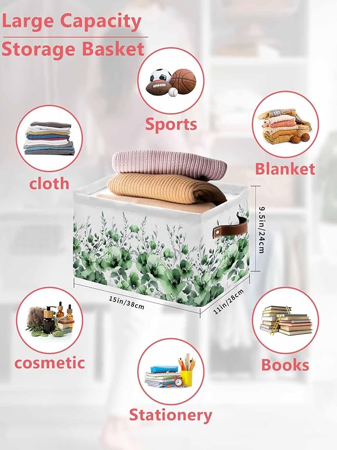 Green Blooms Floral Storage Bins Cubes Waterproof Cloth Storage Basket,Farmhouse Spring Flowers Botanical Foldable Storage Bags for Shelf Clothes Storages Organizers with Handles 15x11x9.5 in 1PCS