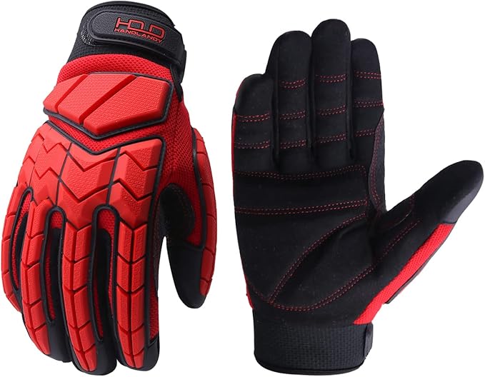 HANDLANDY HLDD Heavy Duty Work Gloves, TPR Protector Impact Gloves, Men Anti Vibration Mechanic Work Glove TouchScreen