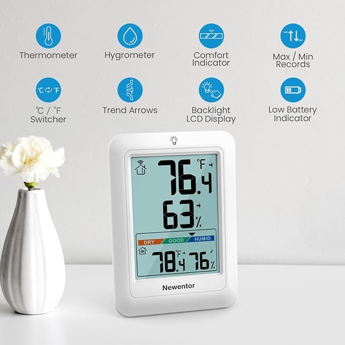 Newentor Indoor Outdoor Thermometer Wireless, Weather Stations Wireless Indoor Outdoor, Outdoor Thermometers for Patio House, Outside Inside Thermometers with Comfort Indicator, White with 1 Sensor