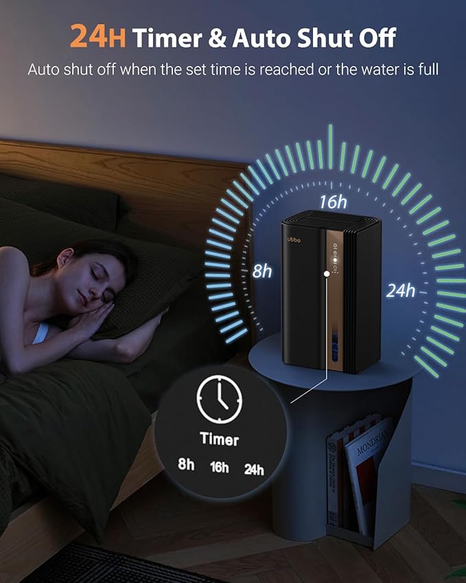 UBBO 95oz Dehumidifiers for Home, 1000 Sq.Ft Dehumidifier with Drain Hose - Auto Shut Off, Timer, Sleep Mode & Drain Hose - 7 Color Light for Bedroom, Bathroom, RV - Black Gold