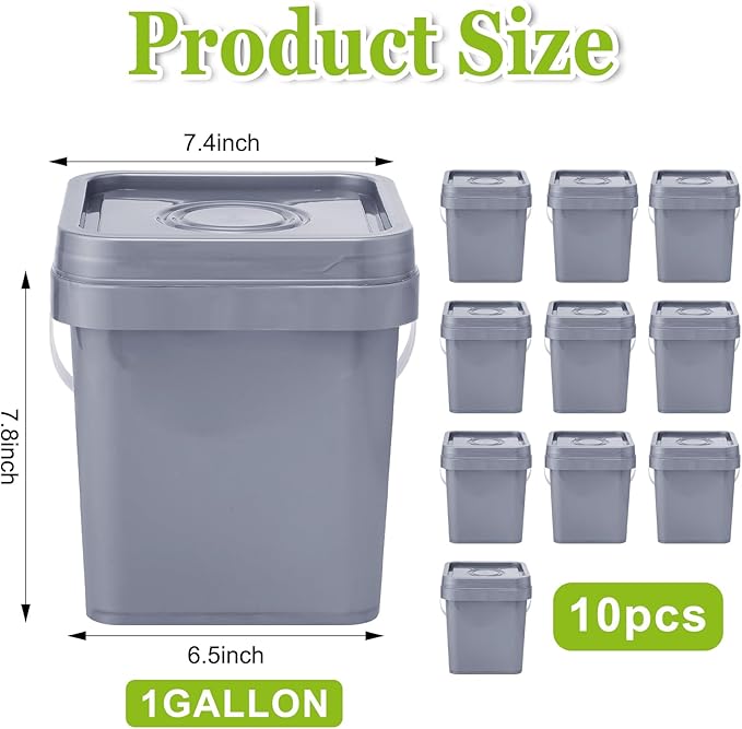 Suzile 10 Pcs Food Grade Square Bucket with Lid 1 Gallon Plastic Bucket 4.5L Utility Industrial Pail with Handle Container for Food Oil Tub Water Fishing Paint House Cleaning Car Washing(Grey)