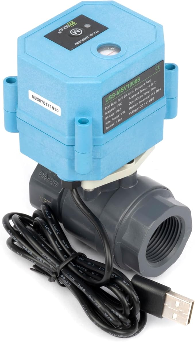 U.S. Solid WiFi Smart Motorized Ball Valve 3/4 inch NPT for Water Control & Irrigation, 2 Way PVC Electric Valve, USB Powered, LED Status Indicator, Flow Direction Window, Remote On/Off Control