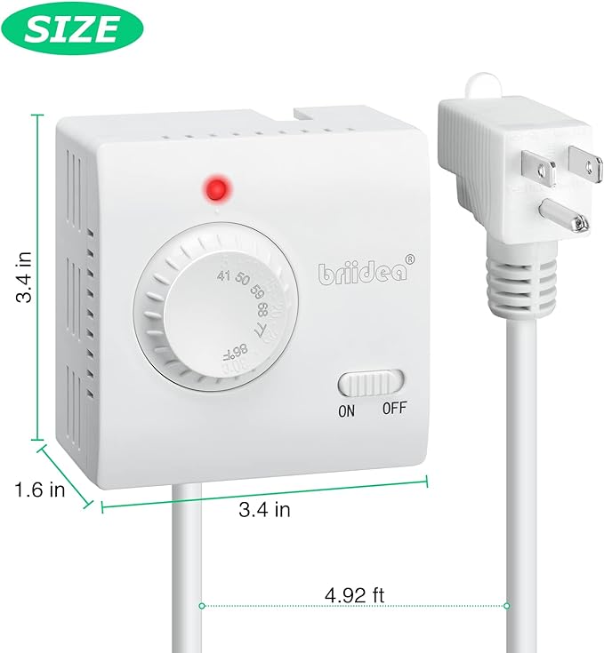 Adjustable Thermostat, Briidea Plug in Heating & Cooling Thermostat with LED Indicator, Compatible with Space Heater, Window Air Conditioners, Fans, Ideal for Household, Reptile, Greenhouse