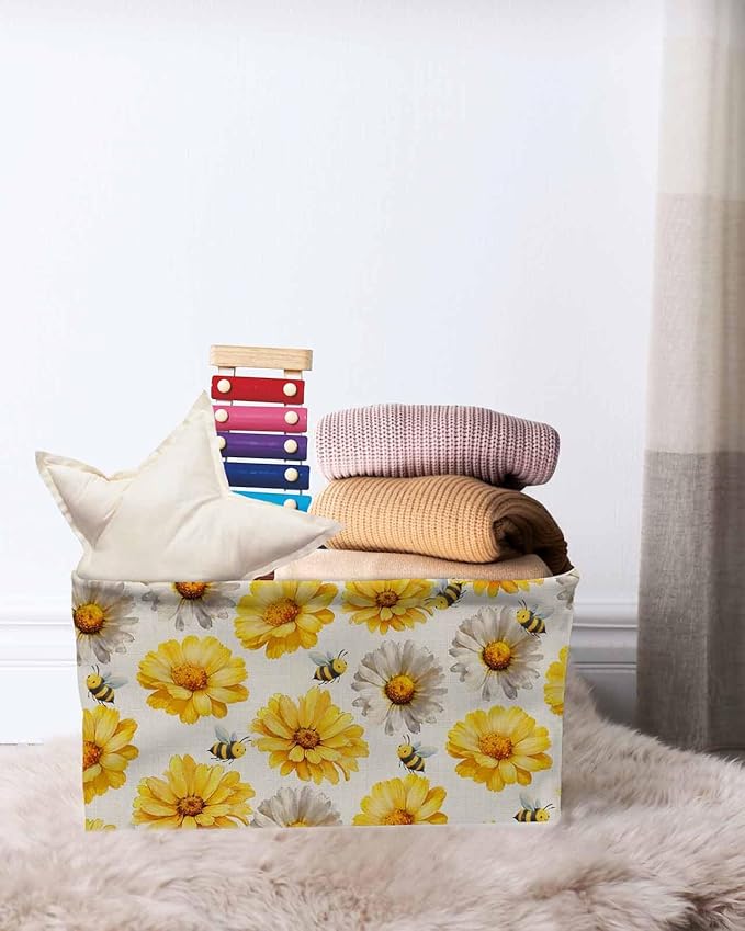 Golden Gray Chrysanthemum Storage Bins Cubes Waterproof Cloth Storage Basket,Farmhouse Bees Floral Rustic Foldable Storage Bags for Shelf Clothes Storages Organizers with Handles 15x11x9.5 in 1PCS