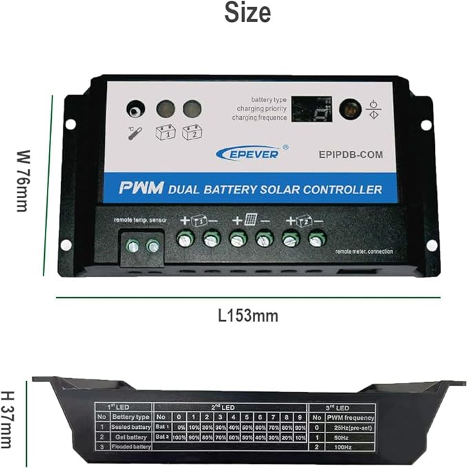 EPEVER EPIPDB-COM Series Dual Battery Solar Charge Controller 10A 12V/24V Auto Work for RVs Caravans and Boats etc Duo Battery Solar Charging System