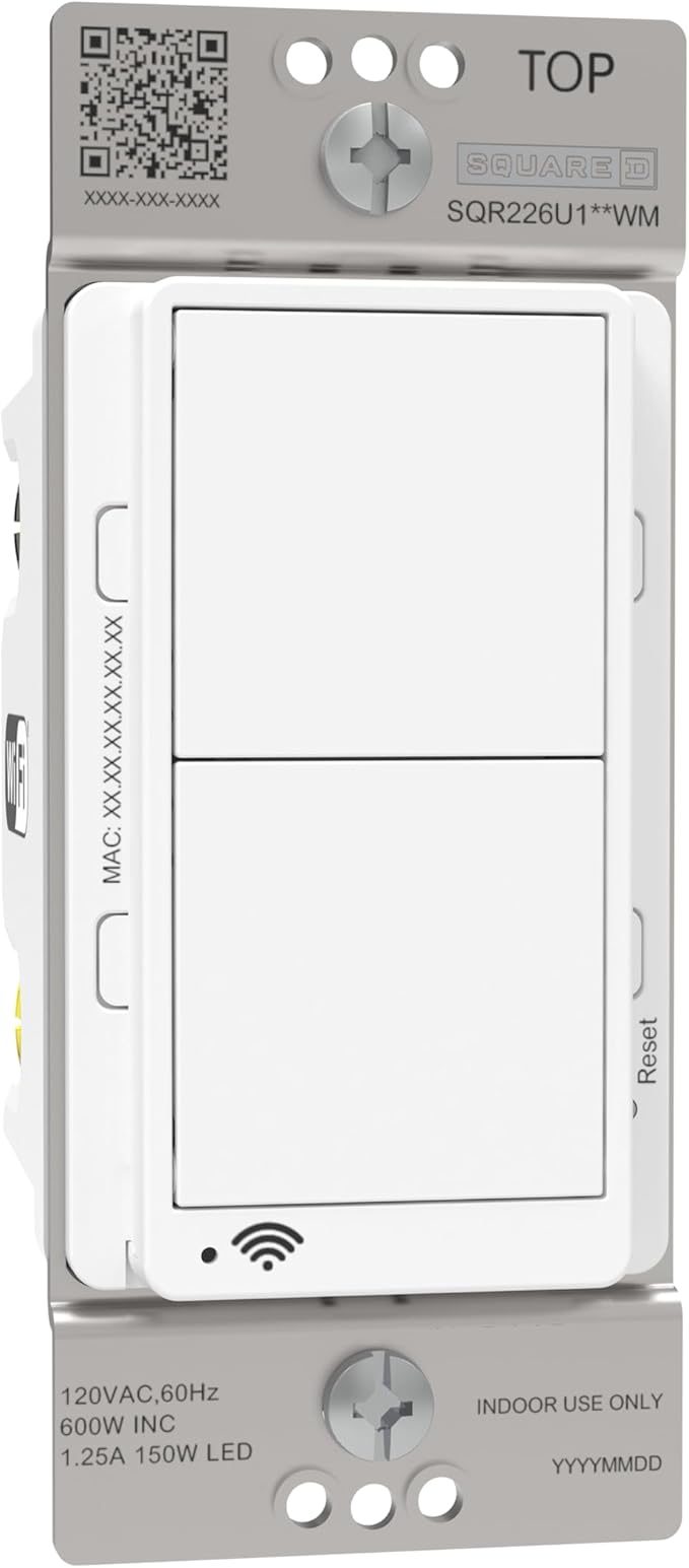 Square D by Schneider Electric X Series 15 Amp WiFi Energy Monitoring Light Switch, Single-Pole/3-way, 600 Watt, Rocker, Matter Certified, Works with Alexa, Google Home, Apple Home, Matte White