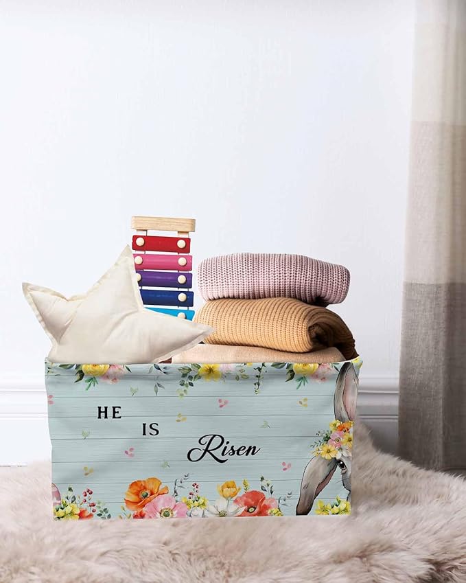 Easter Storage Bins Cubes Waterproof Cloth Storage Basket,Spring Farmhouse Bunny Flower Teal Wood Grain Foldable Storage Bags for Shelf Clothes Storages Organizers with Handles 15x11x9.5 in 2PCS