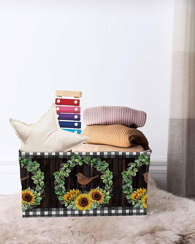Spring Eucalyptus Sunflower Storage Bins Cubes Waterproof Cloth Storage Basket,Farmhouse Birds Brown Wood Foldable Storage Bags for Shelf Clothes Storages Organizers with Handles 15x11x9.5 in 1PCS