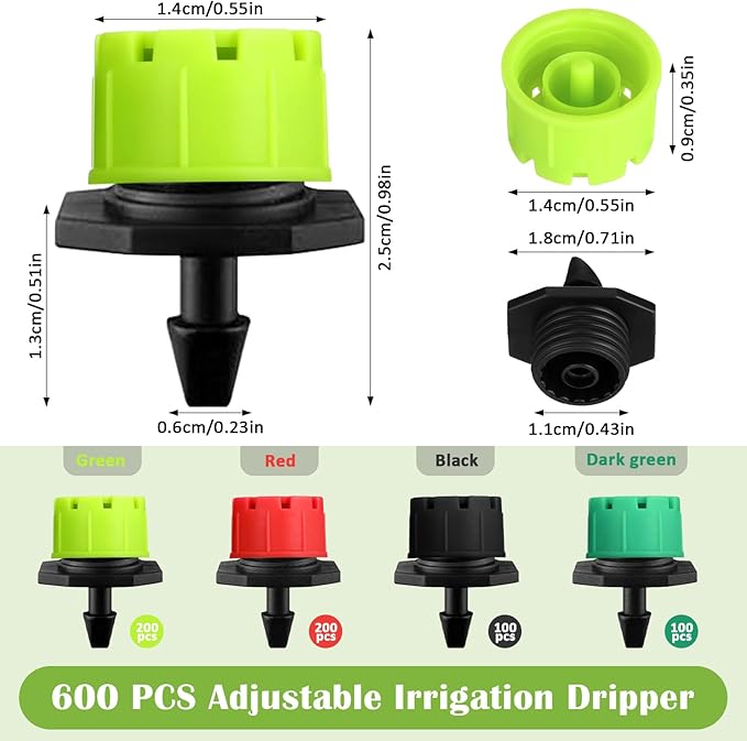 Yaocom 600 Pcs Sprinkler Irrigation Drippers, 1/4 Inch Barbed Drip Emitter, 360 Degree Watering Adjustable Suitable Anti-Clogging Drippers for 4mm/7mm Garden Watering Tubing System (4 Colors)