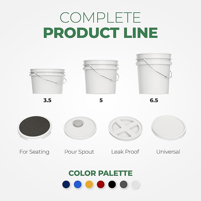 EconoHome 5-Gallon White Bucket Pail Container with Lid Metal Handles with Plastic Grip for Easy Carrying Easy Stack and Store Heavy-Duty Extra Durable Food Grade BPA Free - 5 Pack