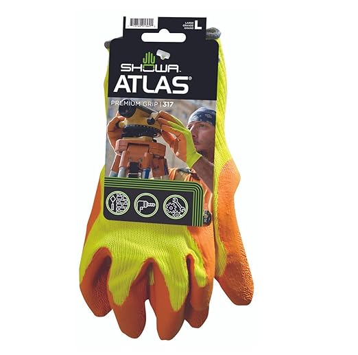 SHOWA Atlas 317 Original 1994 Crinkle Grip Work Gloves, Natural Latex Palm, Heavy Duty 10-Gauge for Construction, Landscaping, Gardening, & Masonry, Hi-Vis Yellow, X-Large, 1-Pair