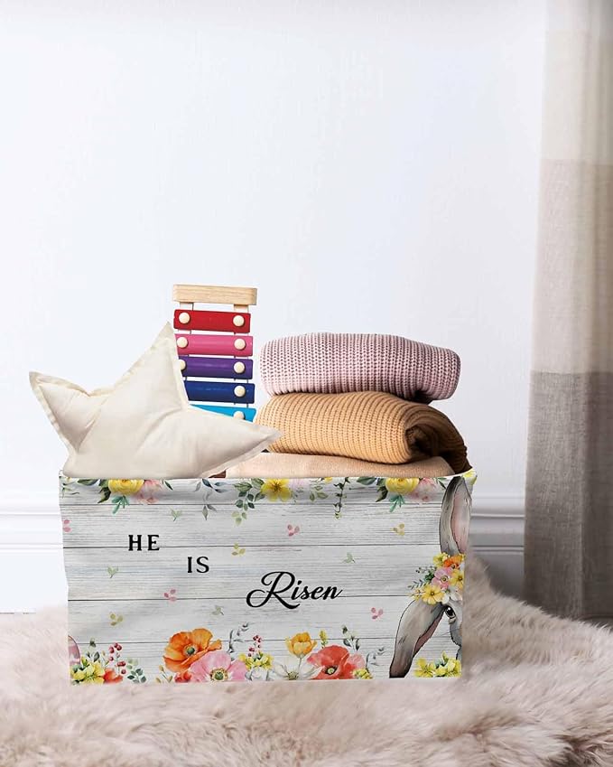 Easter Storage Bins Cubes Waterproof Cloth Storage Basket,Spring Farmhouse Vintage Bunny Flower Wood Grain Foldable Storage Bags for Shelf Clothes Storages Organizers with Handles 15x11x9.5 in 2PCS