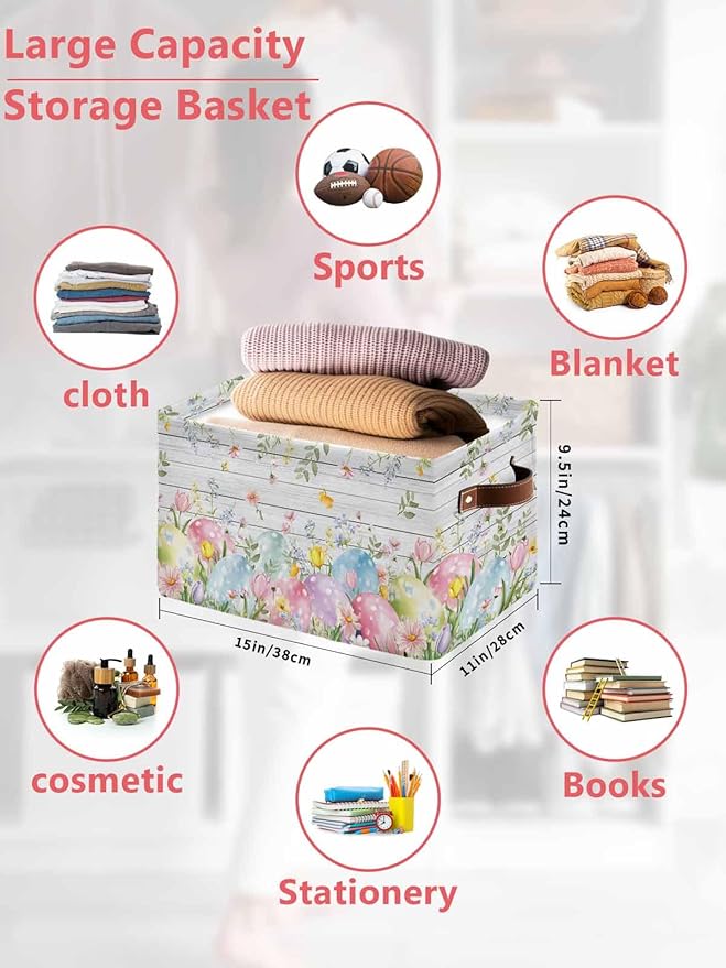 Easter Eggs Storage Bins Cubes Waterproof Cloth Storage Basket,Spring Daisy Eucalyptus Leaves Gray Wooden Foldable Storage Bags for Shelf Clothes Storages Organizers with Handles 15x11x9.5 in 2PCS