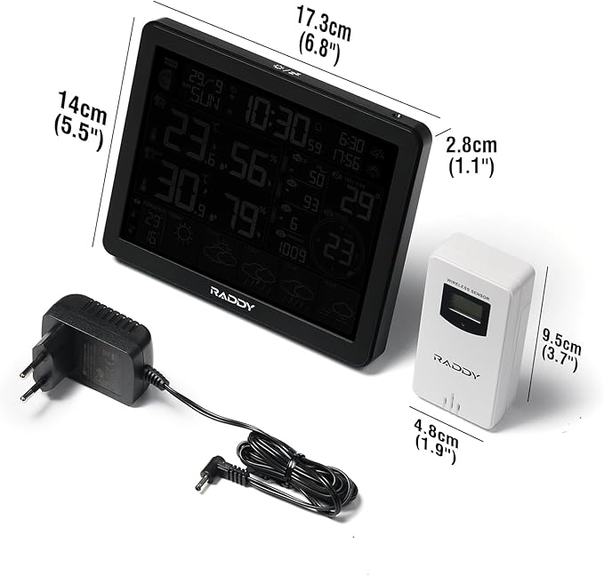 Raddy N80 Smart Wi-Fi Weather Station with APP Control, Indoor Outdoor Thermometer Wireless with 8 Inch Large Display, Sunset/Sunrise Time, PM2.5/AQI, UV Index, 4 Alarm Clock
