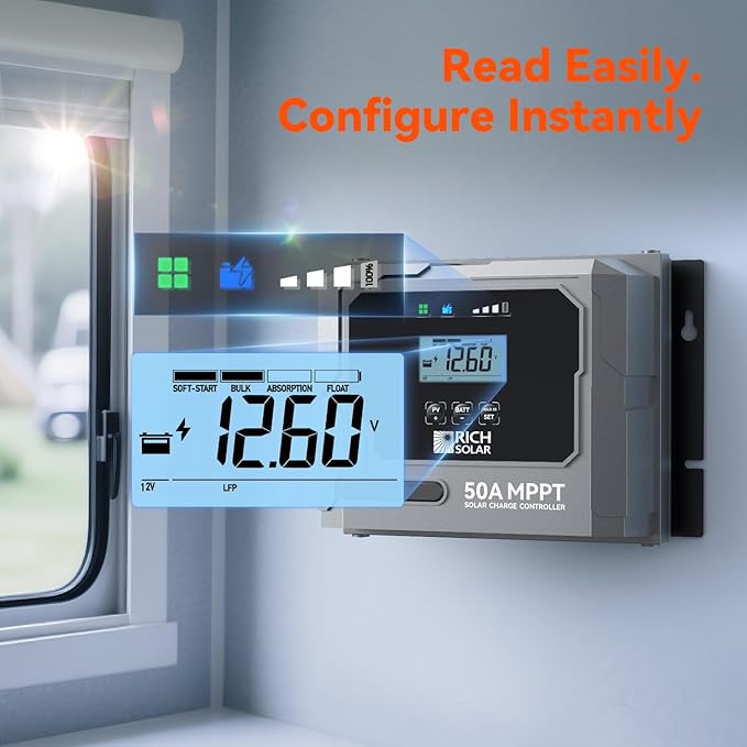 RICH SOLAR Bravo 50 | 50A MPPT Solar Charge Controller with Bluetooth – 12V/24V Auto-Detect, Lithium & Lead-Acid Battery Support for RVs, Campers & Off-Grid Systems