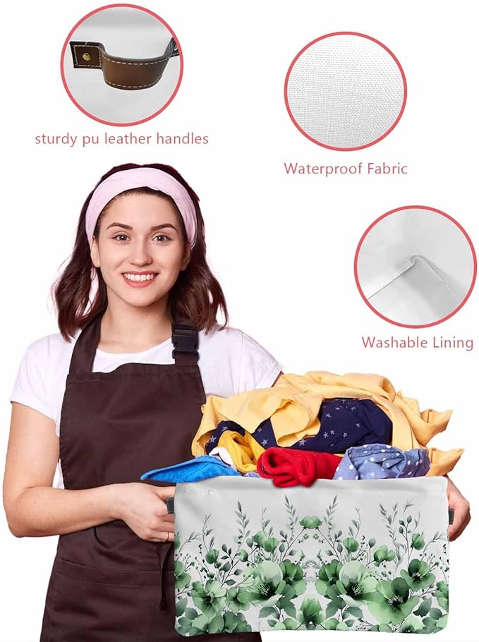 Green Blooms Floral Storage Bins Cubes Waterproof Cloth Storage Basket,Farmhouse Spring Flowers Botanical Foldable Storage Bags for Shelf Clothes Storages Organizers with Handles 15x11x9.5 in 2PCS