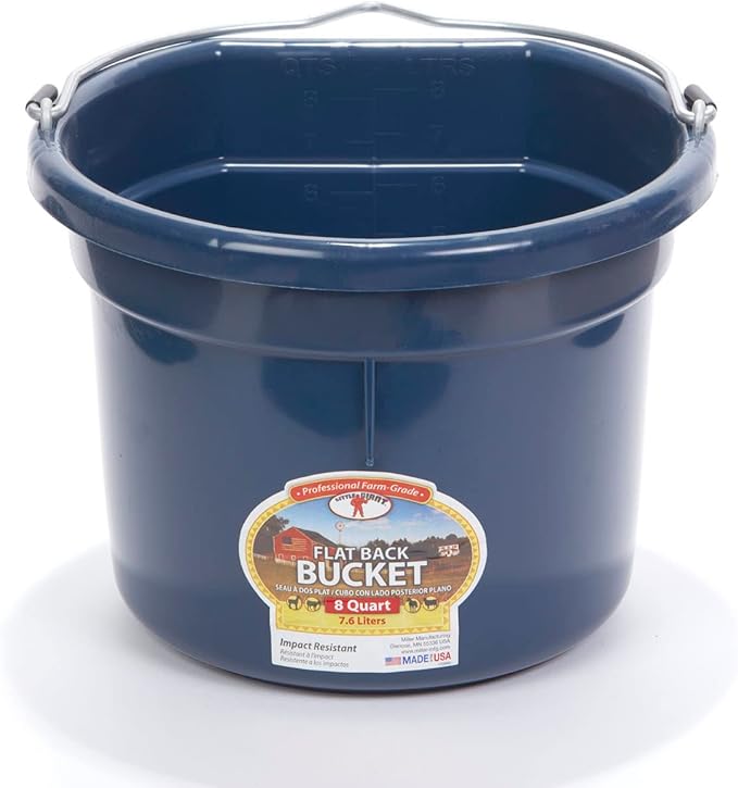 Little Giant® Flat Back Plastic Animal Feed Bucket | Animal Water and Feed Bucket with Metal Handle | 8 Quarts | Navy