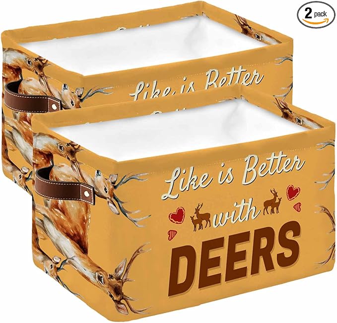 Orange Deer Storage Bins Cubes Waterproof Cloth Storage Basket, Wildlife Animals Rustic Farmhouse Elk Foldable Storage Bags for Shelf Closet Clothes Storages Organizers with Handles 15x11x9.5 in 2PCS