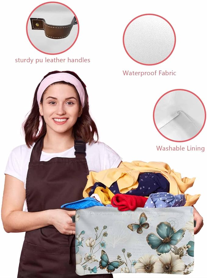 Teal Tulip Butterfly Storage Bins Cubes Waterproof Cloth Storage Basket,Beige Turquoise Floral Blue Coastal Foldable Storage Bags for Shelf Clothes Storages Organizers with Handles 15x11x9.5 in 2PCS