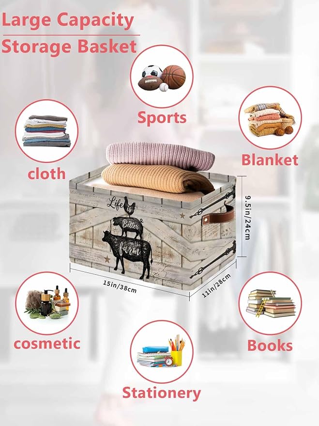 Farmhouse Animals Storage Bins Cubes Waterproof Cloth Storage Basket, Rooster Pig Cattle Vintage Wood Plank Foldable Storage Bags for Shelf Closet Clothes Organizers with Handles 15x11x9.5 in 2PCS