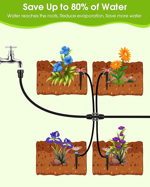 Drip Irrigation System,16Ft+78Ft Connector Micro Garden Watering Plants System Automatic Equipment with 1/2'' Hose 1/4'' Distribution Tubing and Accessories for Lawn Patio Raised Bed