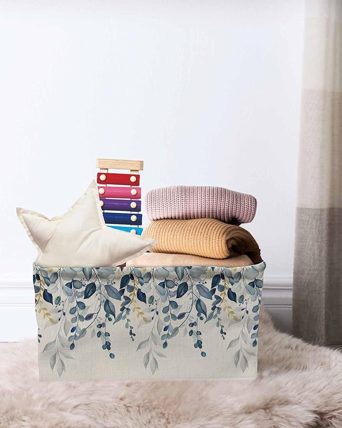 Navy Blue Eucalyptus Storage Bins Cubes Waterproof Cloth Storage Basket, Farmhouse Weeping Leaves Linen Foldable Storage Bags for Shelf Clothes Storages Organizers with Handles 15x11x9.5 in 2PCS