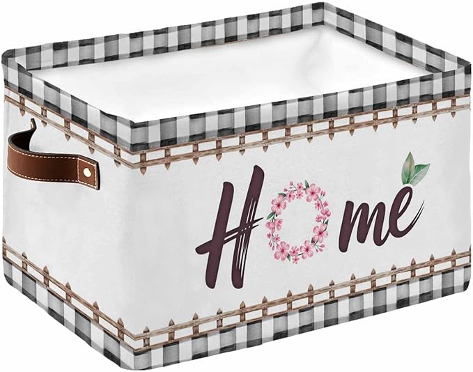 Spring Flowers Storage Bins Cubes Waterproof Cloth Storage Basket, Watercolor Floral Leaf Black Plaid Foldable Storage Bags for Shelf Closet Clothes Storages Organizers with Handles 15x11x9.5 in 1PCS