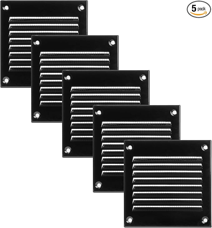 Vent Systems 4'' x 4'' Inch (Overall Dimensions) Pack of 5 - Black - Air Vent Cover Metal Air Return Grill with Built in Pest Guard Screen HVAC Vent Duct Cover for Home Improvement