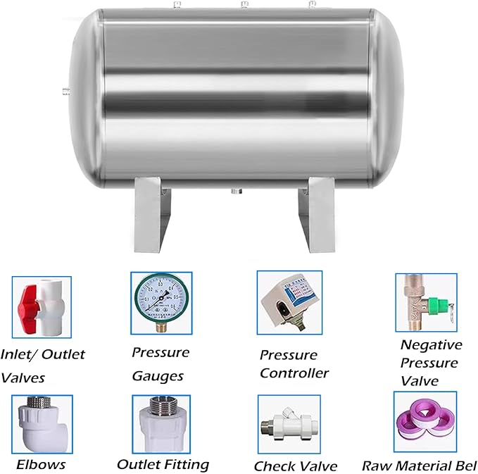 Horizontal Type Stainless Steel Pressurized Water Tank, Water Pressure Tank Corrosion Resistance, Pressure Tank for Parks/Agriculture/Schools/Homes(66 Gallons)