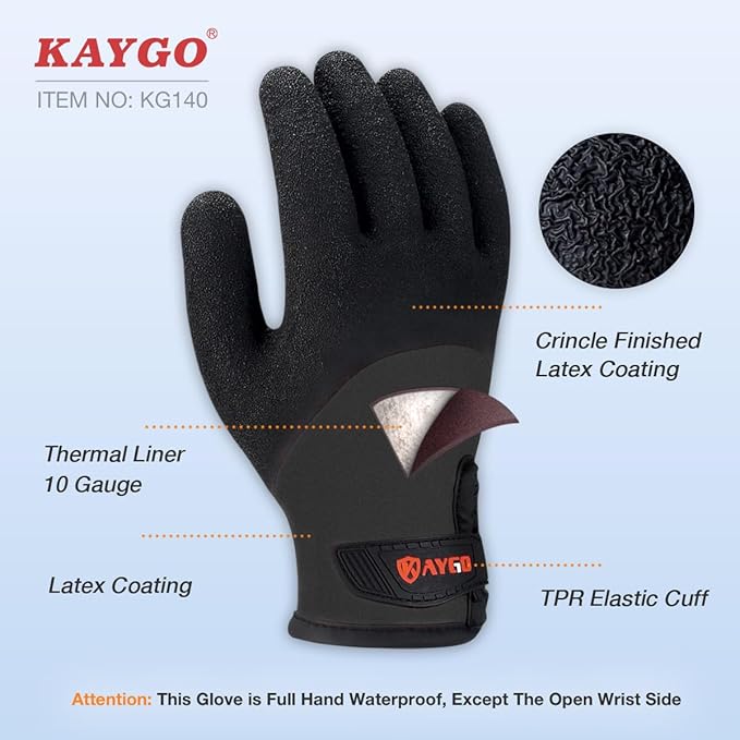 KAYGO Winter Waterproof Thermal Work Gloves for Men and Women, Full Hand Latex Coated, Acrylic Insulated Liner for Freezer Cold Weather, Fine Crinkle Grip,KG140W,Black, S