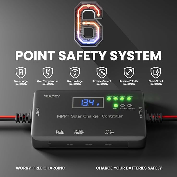 Sunapex MPPT Solar Charge Controller: 12V 10A Charge Controllers for Solar Panels with LCD Display LED Indicate Type-C USB Output - Smart Regulator for RV Boat Car Battery - Supports AGM Gel LiFePO4