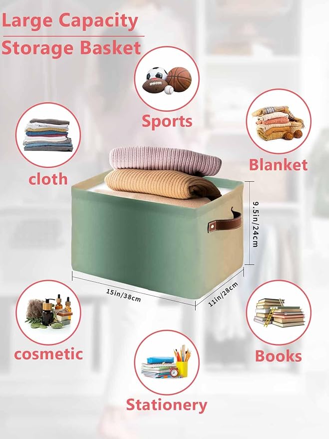 Sage Green Yellow Ombre Storage Bins Cubes Waterproof Cloth Storage Basket,Farmhouse Modern Gradient Art Foldable Storage Bags for Shelf Clothes Storages Organizers with Handles 15x11x9.5 in 1PCS