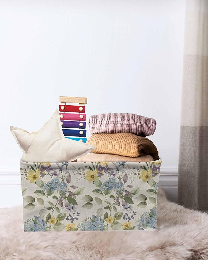Vintage Spring Floral Storage Bins Cubes Waterproof Cloth Storage Basket, Farmhouse Flowers Rustic Foldable Storage Bags for Shelf Closet Clothes Storages Organizers with Handles 15x11x9.5 in 2PCS