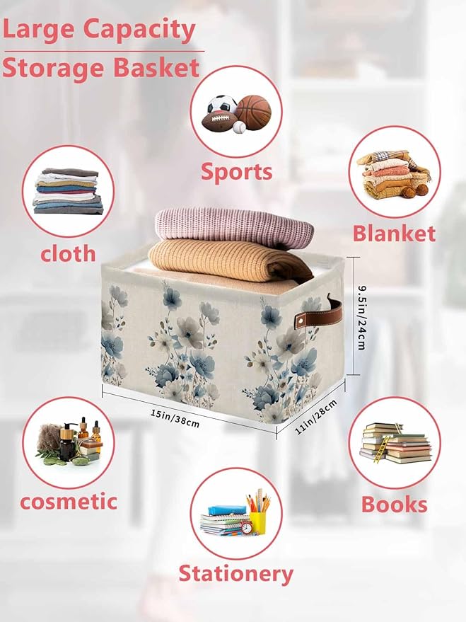 Blue Grey Floral Storage Bins Cubes Waterproof Cloth Storage Basket, Watercolor Flowers Linen Texture Foldable Storage Bags for Shelf Closet Clothes Organizers with Handles 15x11x9.5 in 1PCS