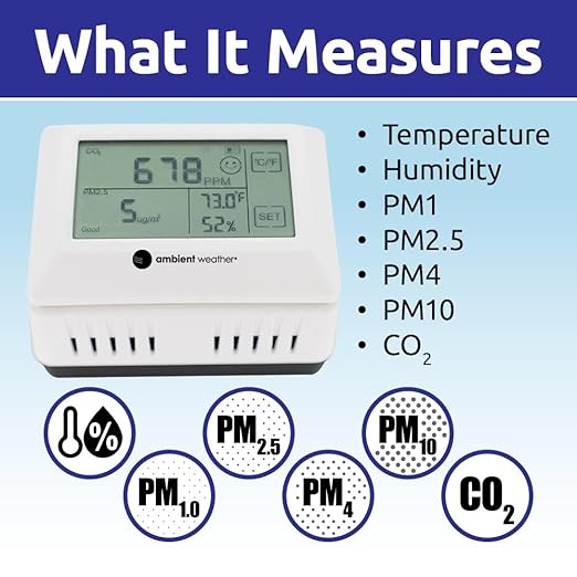 Ambient Weather AQIN Pro Wireless Indoor Air Quality Index with PM1, PM2.5, PM4, PM10 and CO2 Particulate Monitor