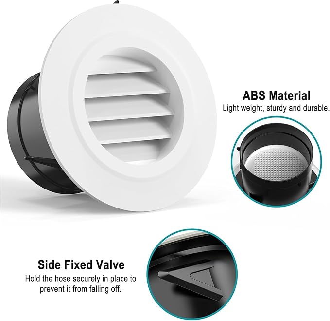 HG Power 3 Inch Vent Cover, ABS Louver Soffit Vents with Built-in Screen Mesh, 4 Pack – Round Exhaust Vent for Inline Duct, Exhaust Fan, Dryer Vent Hose, and HVAC Ventilation, 75mm, White