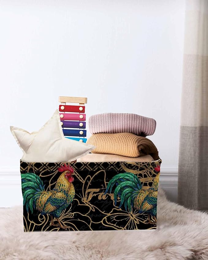 Vintage Rooster Storage Bins Cubes Waterproof Cloth Storage Basket, Farmhouse Elegant Retro Animals Foldable Storage Bags for Shelf Closet Clothes Storages Organizers with Handles 15x11x9.5 in 1PCS