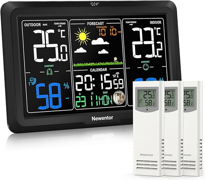 Newentor Weather Station Wireless Indoor Outdoor, Indoor Outdoor Thermometer Wireless, 7.5" Home Weather Stations with Atomic Clock, Temperature Humidity Gauge, Weather Forecast, Black, 3 Sensors