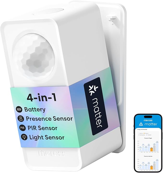 meross Matter Presence Sensor MS605, Battery-Powered 4-in-1 Smart Motion Sensor with AI Learning, IP67 PIR & Light & mmWave Radar, Matter Over Thread, Supports Home Assistant, HomeKit, Alexa (1 Pack)