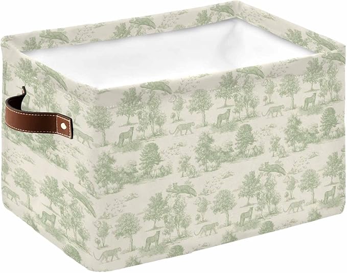 Tiger Leopard Storage Bins Cubes Waterproof Cloth Storage Basket, Green Country Retro Forest Trees Animals Foldable Storage Bags for Shelf Closet Clothes Organizers with Handles 15x11x9.5 in 1PCS