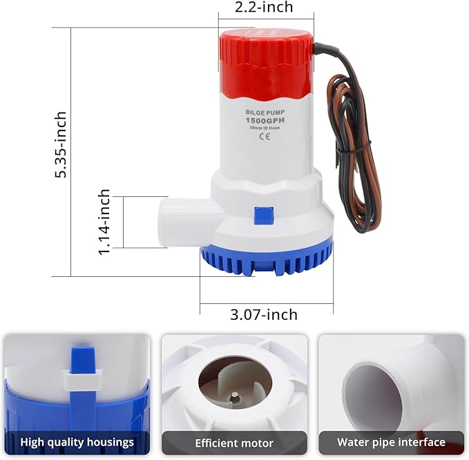 HXH 1500 GPH Boat Bilge Water Pump 12V, Bilge Pump Plumbing Kit, 1-1/8 Inch Hose with Automatic Float Switch, 2 Clamps, Thru-Hull Fitting, Ideal for Fishing Boats, Cruisers, Runabouts.