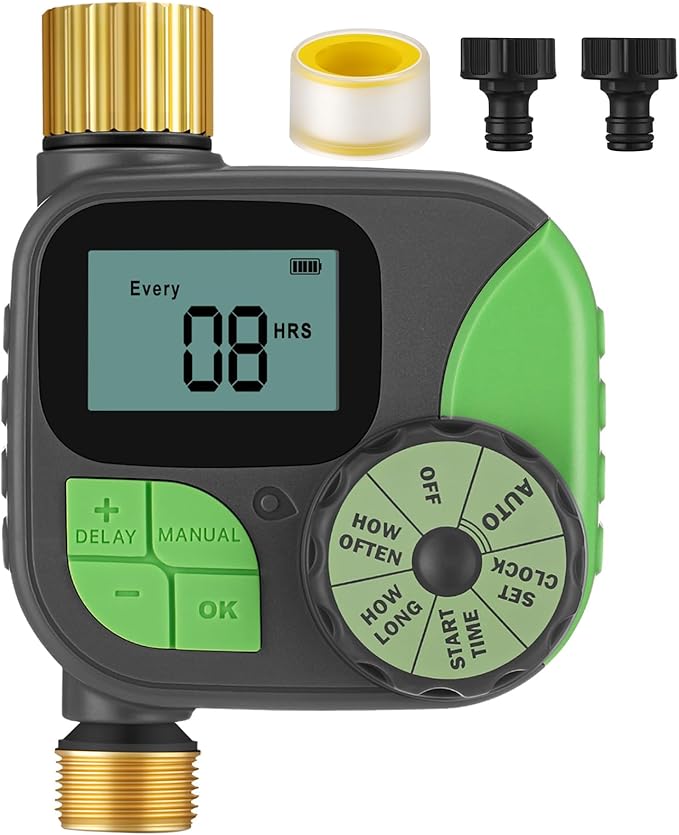 Kingdder Water Timer, Sprinkler Timer with Brass Inlet and Outlet Programmable Garden Hose Faucet with Rain Delay/Manual/Automatic Irrigation System for Yard Lawn IP54 Waterproof (1 Outlet)