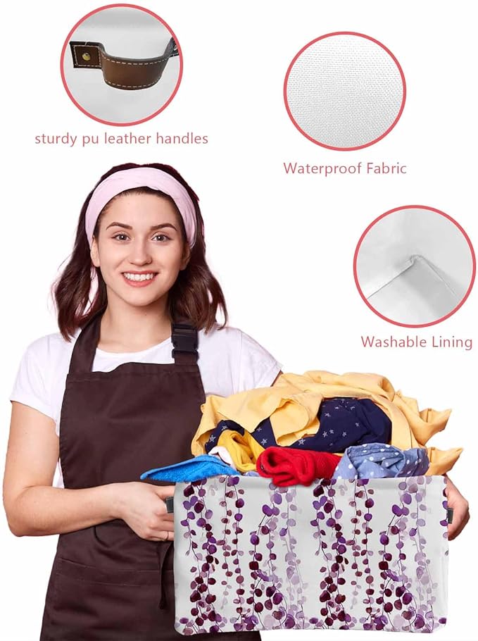 Purple Weeping Eucalyptus Storage Bins Cubes Waterproof Cloth Storage Basket,Spring Summer Farmhouse Leaves Foldable Storage Bags for Shelf Clothes Storages Organizers with Handles 15x11x9.5 in 2PCS