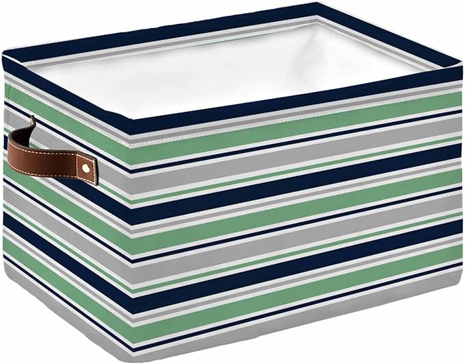 Green Grey Striped Storage Bins Cubes Waterproof Cloth Storage Basket,Farmhouse Stripes Modern Abstract Art Foldable Storage Bags for Shelf Clothes Storages Organizers with Handles 15x11x9.5 in 1PCS