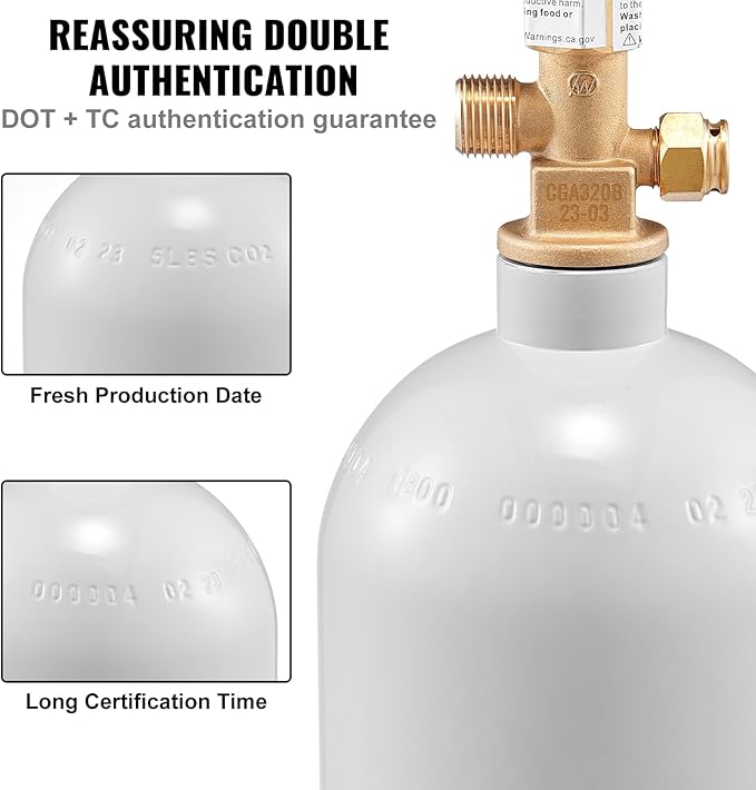 VEVOR CO2 Tank, 5 lbs New Aluminum Alloy Cylinder, CO2 Air Tank with Light Gray Spray Coating, CGA320 Valve & Adjustable Pressure, DOT Approved Cylinder for Draft Beer Dispensing and Soda Maker