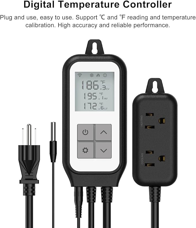 Digital Temperature Controller with WiFi and App Remote Monitoring - Smart Thermostat Socket for Heating and Cooling - Dual Output Timing Control - Range -30 to 105 Degrees Celsius