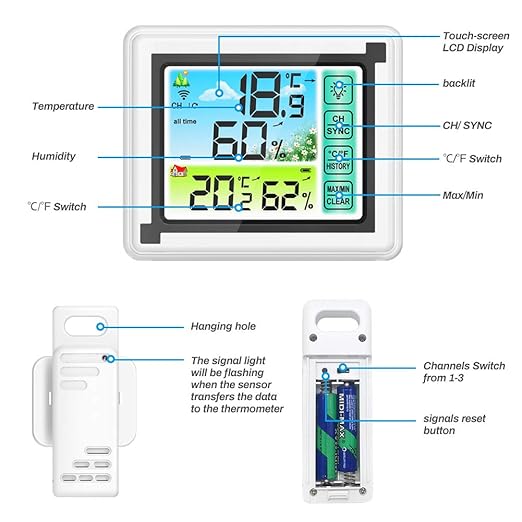 Number-one Wireless Weather Station Indoor Outdoor Thermometer with Remote Sensor, Digital Temperature and Humidity Monitor with LCD Backlight, Touchscreen, Min/Max Records for Home, Office, Baby Room